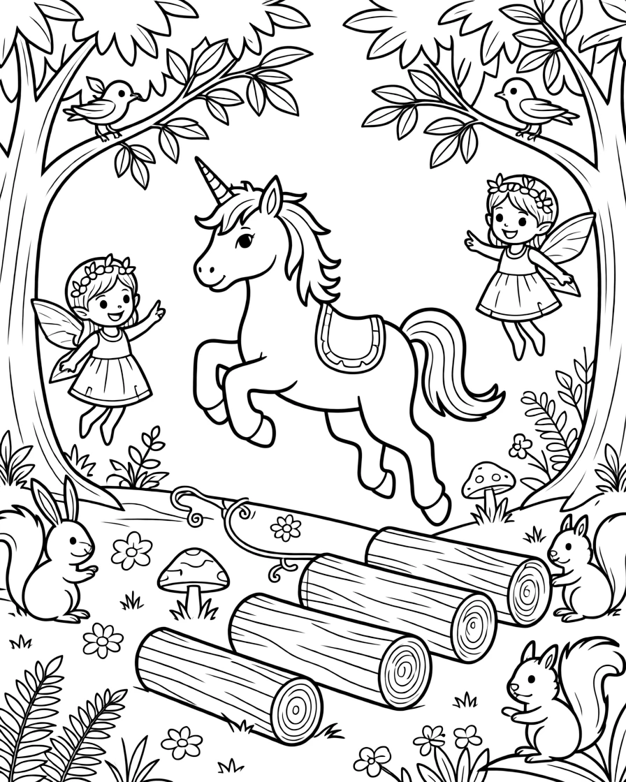 A young unicorn learns to leap over obstacles in an enchanted forest obstacle course set up by playful woodland sprites.