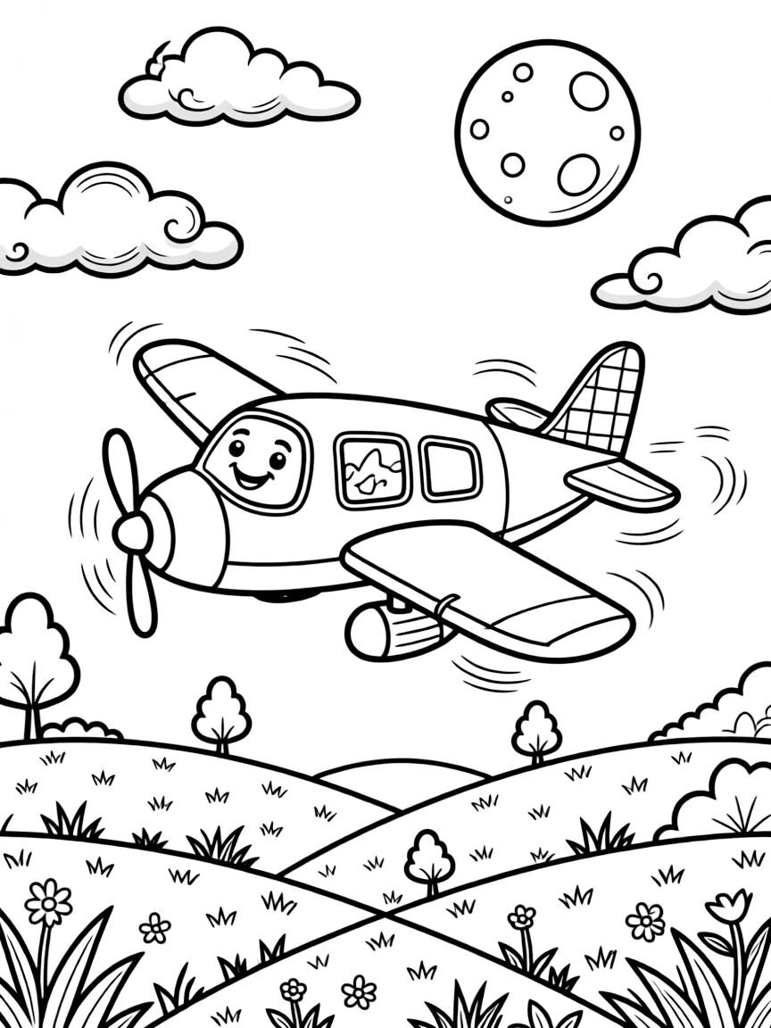 [Airplanes] a small seaplane gliding over the ocean over rolling green hills, smiling proudly. Nearby, puffy clouds float at different heights. A checkered pattern decorates the tail fin. The scene is captured under a full moon, with dust kicked up by the wind, giving the page a lively and adventurous feel that invites plenty of colorful detail.
