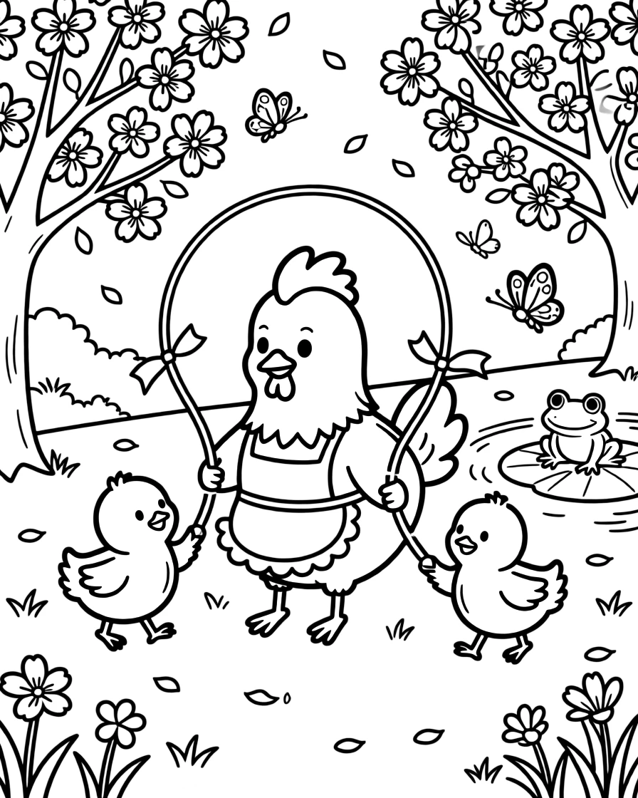 A mother hen with her fluffy chicks is jumping rope with ribbons tied to the handles in a blooming cherry blossom park. Just beyond, a friendly frog perched on a lily pad and fluttering butterflies drifting nearby add a playful, cheerful touch.