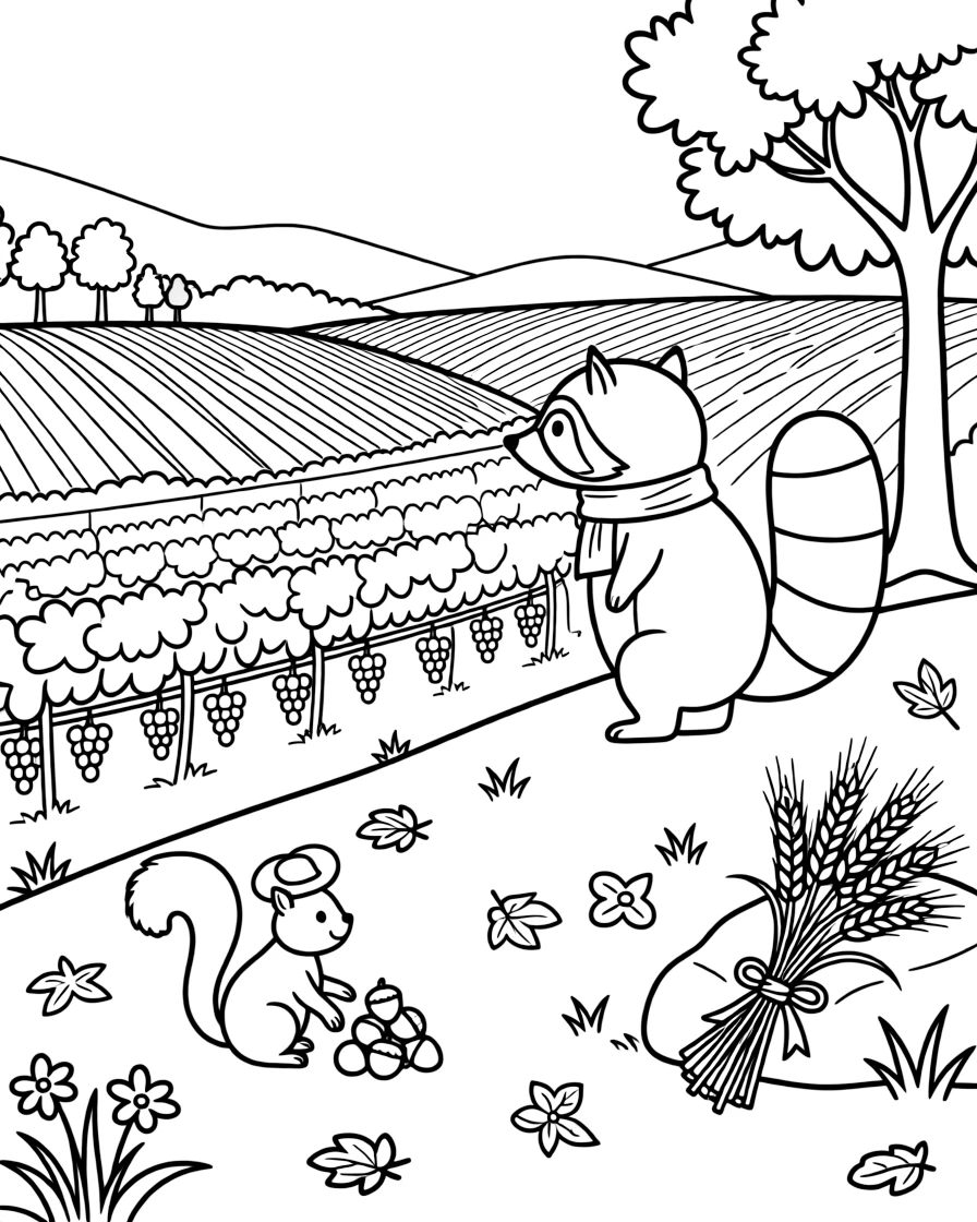 A round raccoon admiring a vineyard stretching across rolling hills on a hillside overlooking a valley of changing leaves, near a squirrel gathering acorns and a bundle of golden wheat stalks.