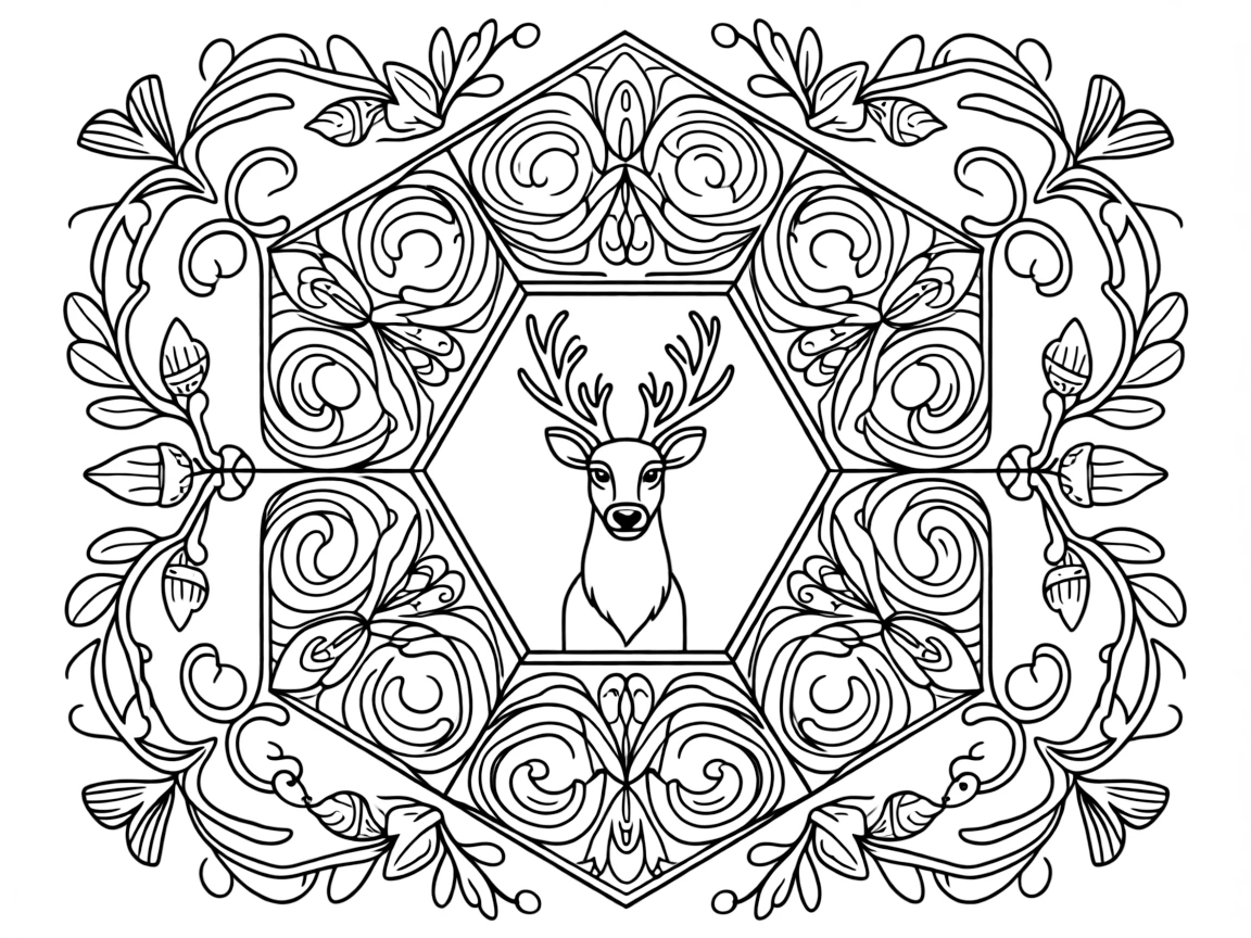 Arctic & Polar Animals: The main subject is a reindeer with tall branching antlers, drawn as the focal point of a hexagon-based mandala built from six matching wedges. It is positioned in the middle of the page so the design radiates outward evenly in every direction. Decorative details fill the surrounding space, including loops of ribbon curling back on themselves, clusters of tiny acorns, and rows of teardrop-shaped petals woven throughout the background. A playful extra touch completes the page: a tiny ladybug tucked among the details, easy to spot once found.