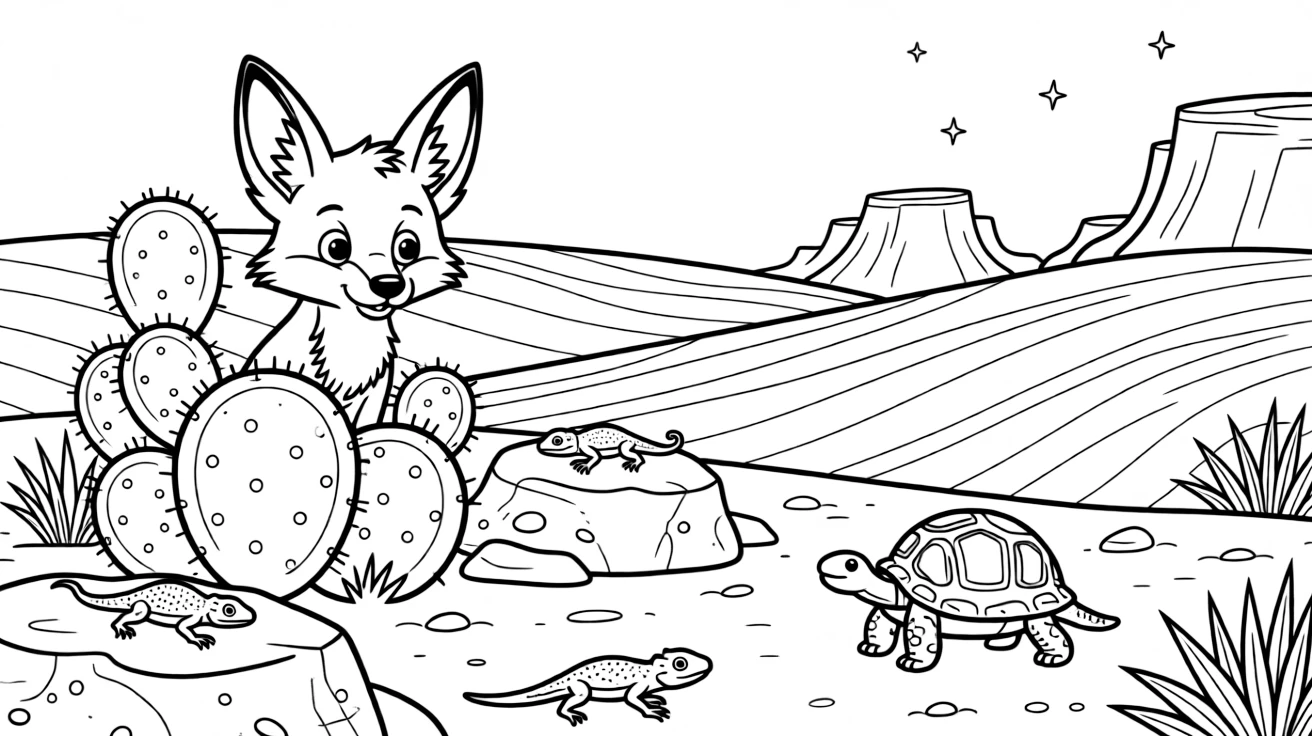 [Desert Dunes] A curious desert fox pokes its oversized ears out from behind a cluster of round cacti. Lizards bask on sun-warmed rocks while a tortoise slowly makes its way across the sand. Rolling sand dunes stretch toward distant rocky mesas beneath a wide open sky. Stars begin to appear over the desert as the sand cools in the evening air.