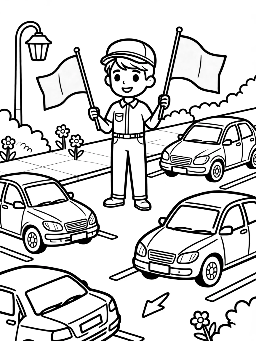 A parking attendant directs cars into spaces with bright orange flags.