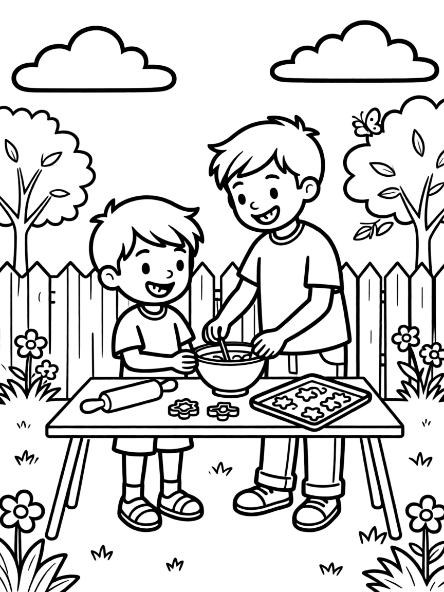 A boy with a missing front tooth baking cookies with a big brother in the backyard while fluffy clouds drift by.