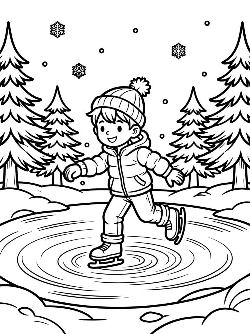 A cheerful young boy, gliding gracefully across a frozen pond ringed with snow-dusted pine trees.
