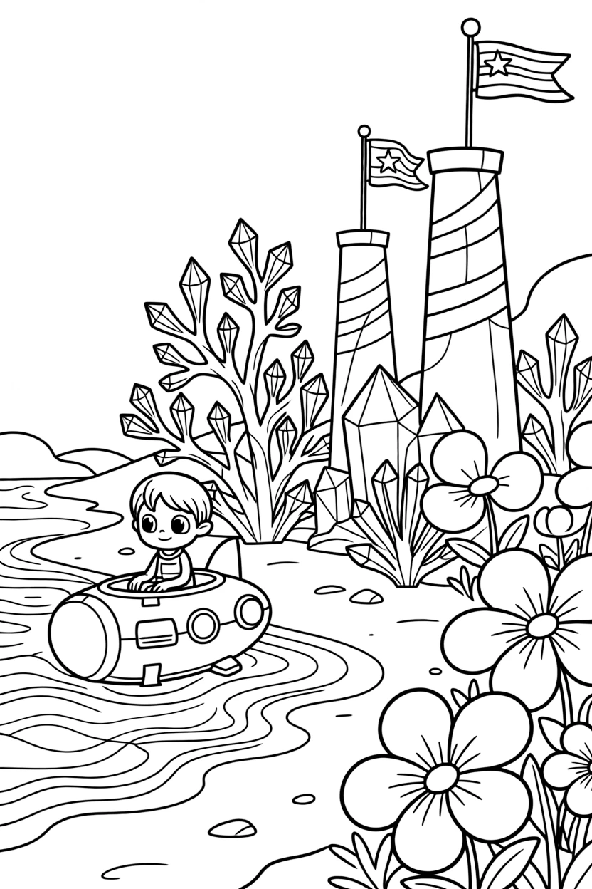 Grix, a tiny alien explorer riding a floating pod piloting a submarine through a coral reef made of crystal, in a beach on a red planet with waves of shimmering dust, with banners and flags fluttering from tall towers and a garden of oversized glowing flowers nearby.