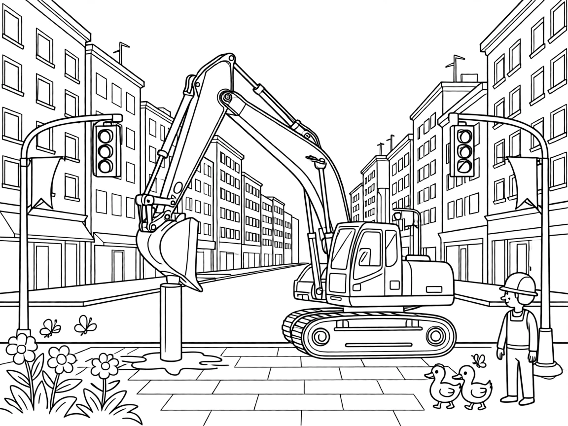 This page centers on a pile driver hammering a post into the ground exploring a bustling city street lined with tall buildings and traffic lights, featuring a family of ducks waddling alongside and little extras like butterflies fluttering near a patch of wildflowers and colorful flags fluttering from every corner.