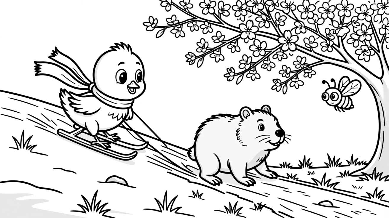 A chick sledding down a snowy hill with a wombat along a dusty savanna trail, near a blooming cherry blossom tree, while a friendly bee buzzes past.