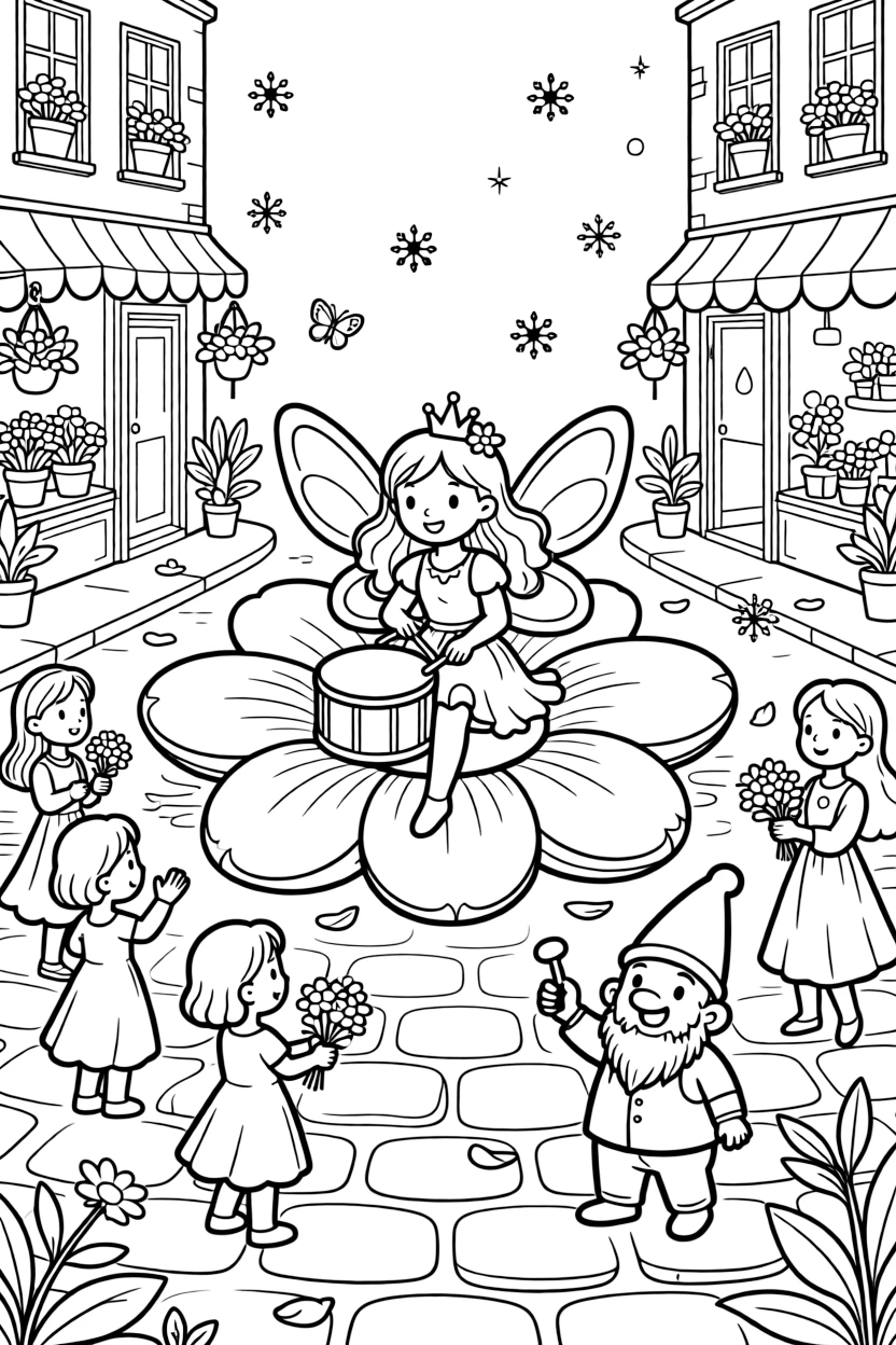 A snuggly butterfly fairy queen is playing a drum solo on giant flower petals on a cobblestone street lined with flower shops, joined by sparkling snowflakes drifting down all around and a garden gnome tipping his pointy hat. The whole neighborhood has come out to join the fun.