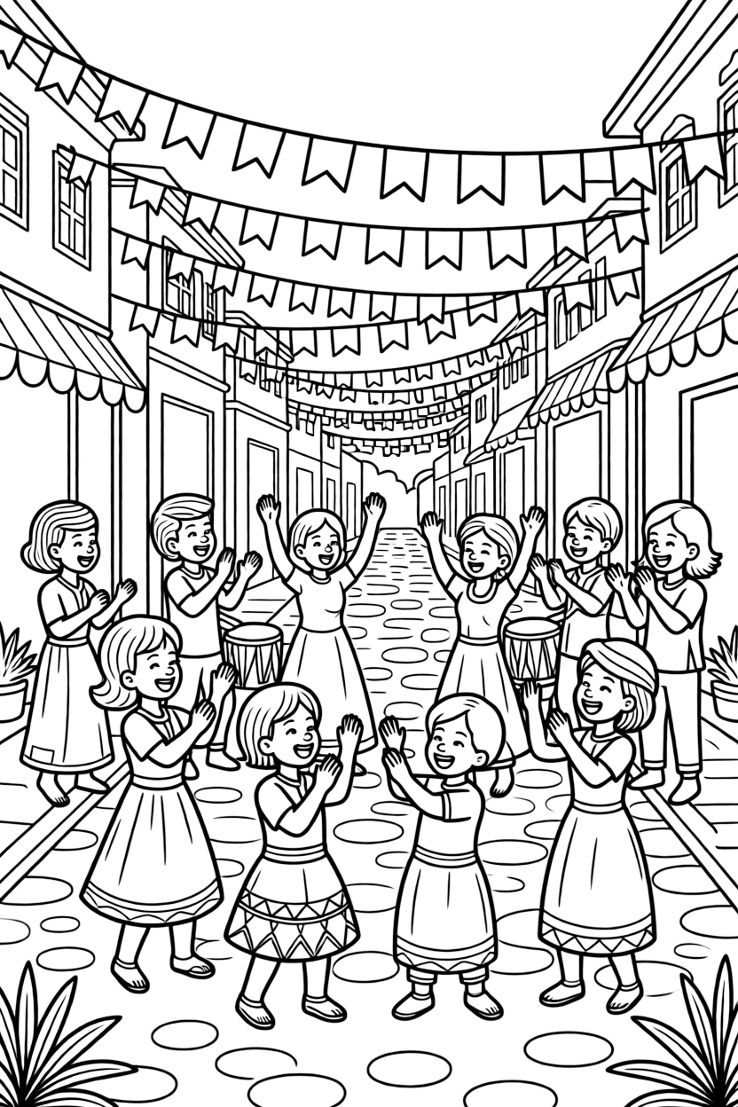 A coloring page showing a lively celebration in Ghana with the colorful Homowo harvest festival with drumming and dancing in the streets, while families clap and cheer and colorful banners hang overhead.