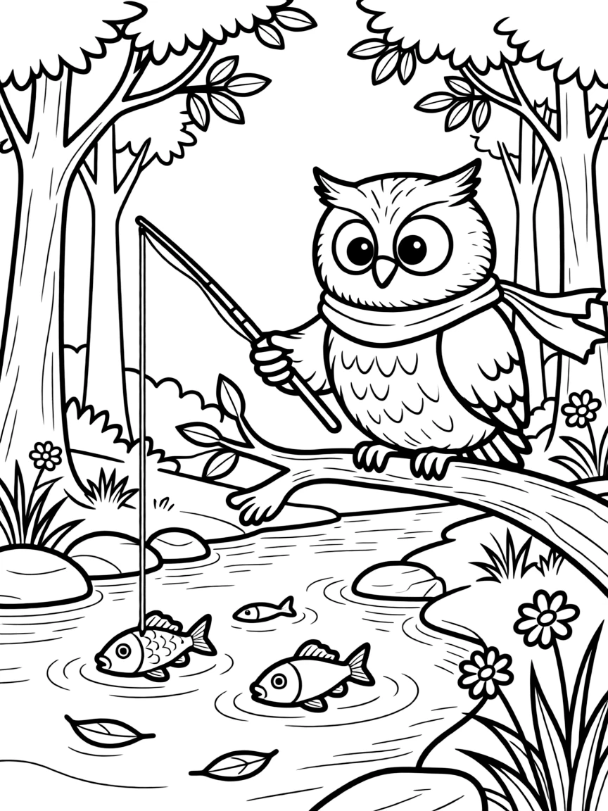 a thoughtful a fuzzy owl learns to count fish while fishing beside a quiet forest stream.