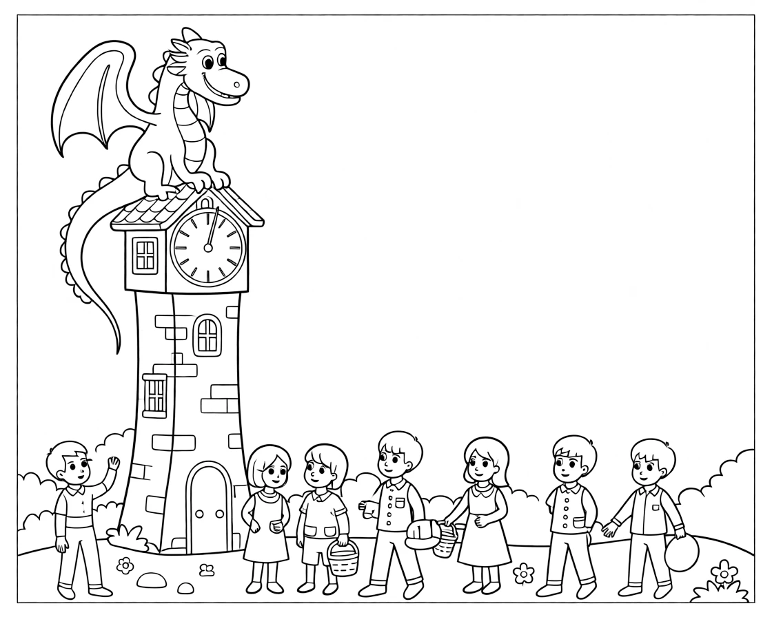 A dragon perches atop a clock tower, its silhouette forming the hands of the clock as villagers below check the time.