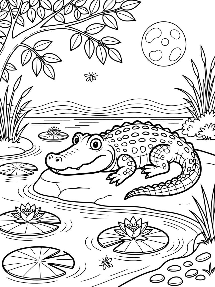 [Reptiles] an alligator resting by a swamp sunning itself on a warm rock near a quiet riverbank, wide-eyed with wonder. Nearby, lily pads float on the pond's surface. Sunlight dapples through the leaves above. The scene is captured under a full moon, with heat waves shimmering in the distance, giving the page a lively and adventurous feel that invites plenty of colorful detail.