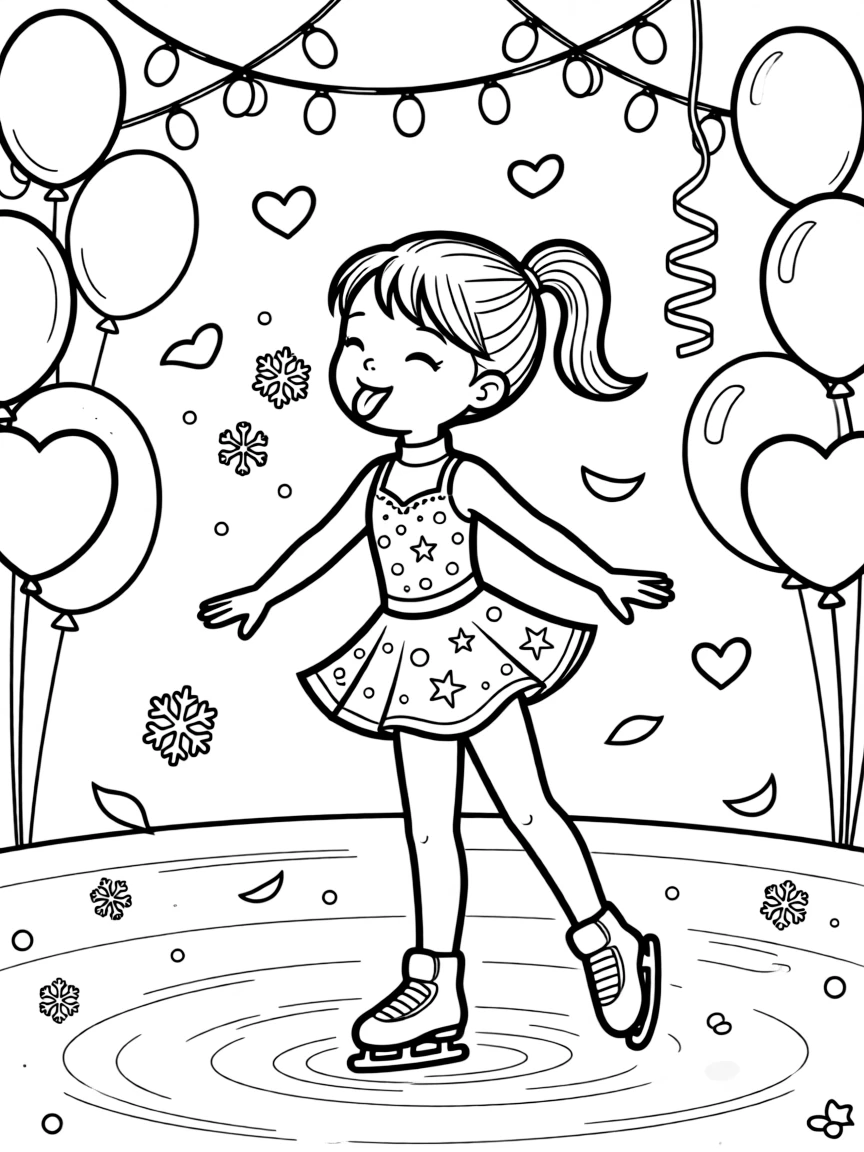 A girl figure skater in a sparkly costume is catching snowflakes on an outstretched tongue at a birthday party decorated with balloons and streamers. Just beyond, strings of fairy lights strung overhead and scattered flower petals drifting in the breeze add a playful, cheerful touch.