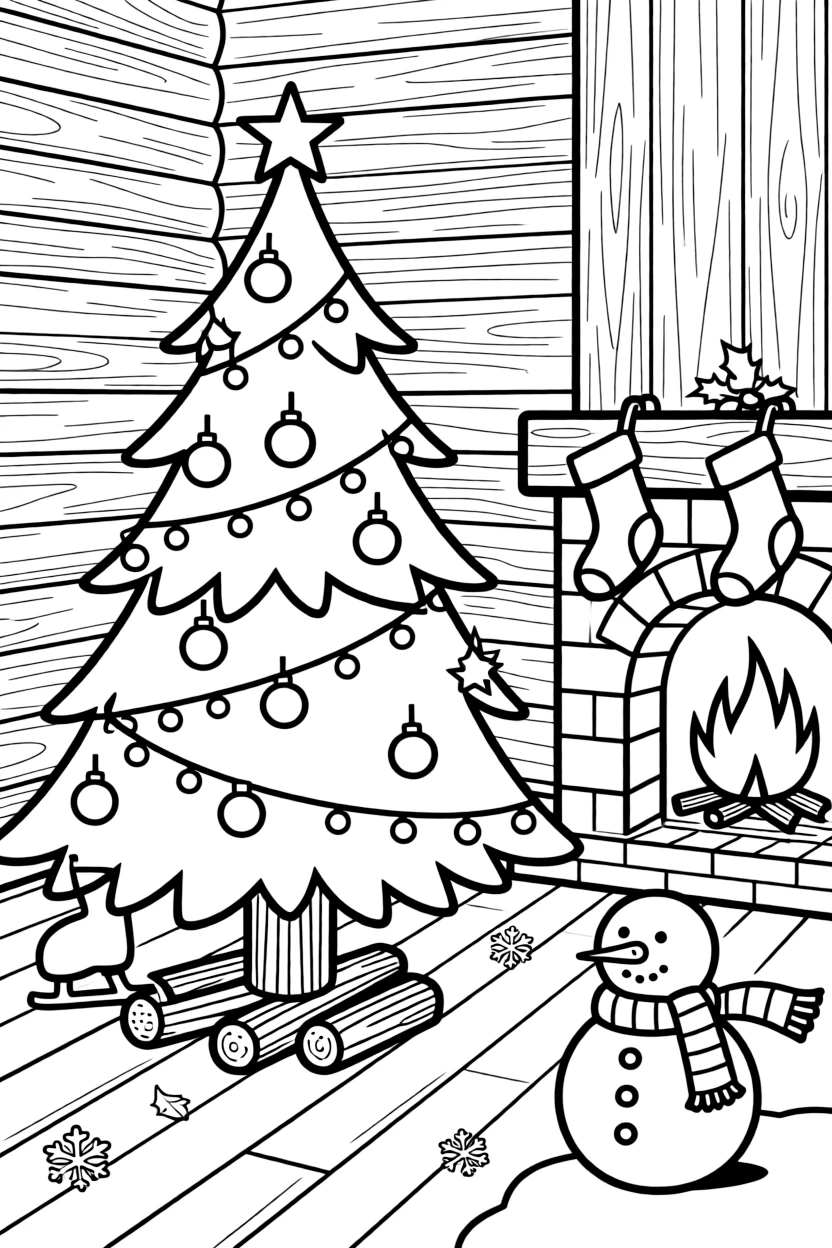A decorated tree glittering with ornaments and lights in a cozy cabin with a crackling fireplace, with a pair of ice skates and a cheerful snowman with a striped scarf nearby.