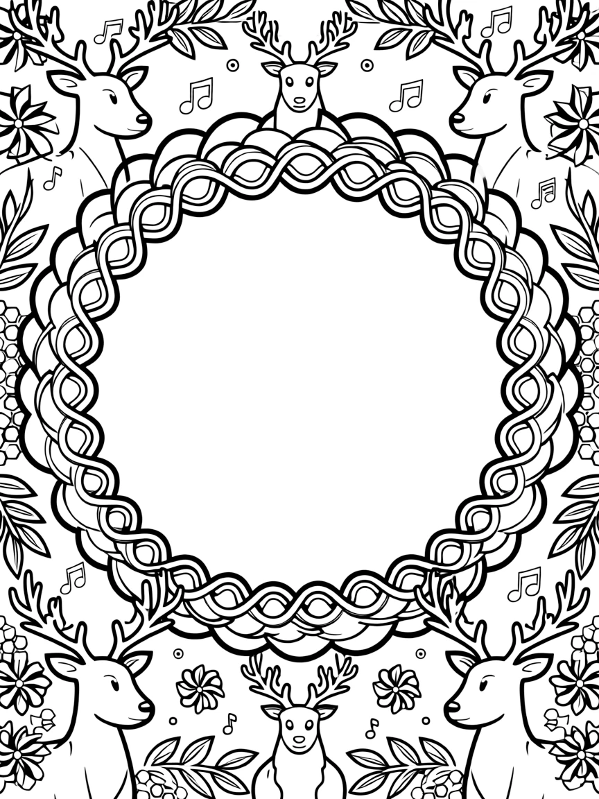 Arctic & Polar Animals: The page centers on a repeating motif of a reindeer with tall branching antlers, built around a scalloped wreath mandala with rounded overlapping arcs. The motif is repeated in a corner-to-corner border that circles the entire page, leaving a round open area in the middle. Decorative details fill the surrounding space, including pinwheel blades spinning in place, rows of gentle leaf veins branching outward, and a field of tiny honeycomb cells woven throughout the background. A playful extra touch completes the page: a few tiny musical notes drifting near one corner of the page.