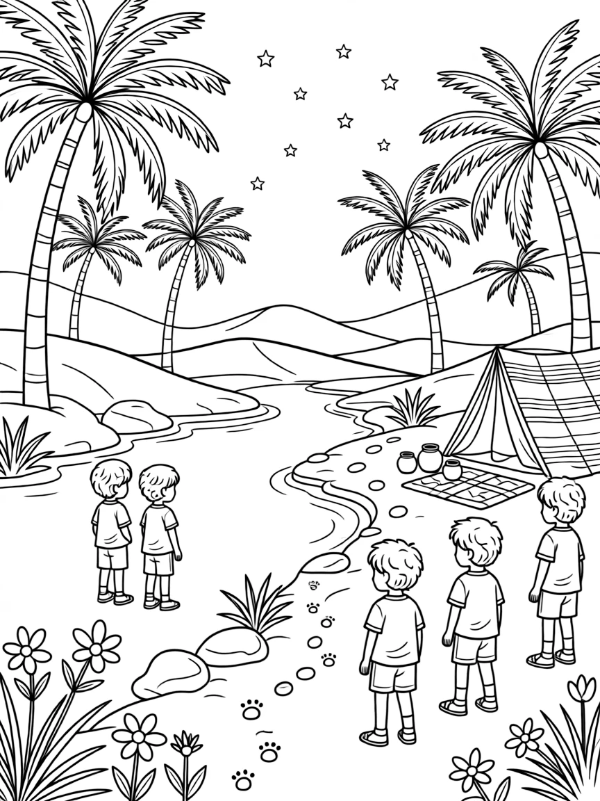 [Desert Dunes] A group of children explore a hidden desert oasis surrounded by palm trees. Colorful desert flowers bloom between rocks near a trail of small paw prints. A cluster of colorful woven blankets and clay pots sits near a small desert campsite. Stars begin to appear over the desert as the sand cools in the evening air.