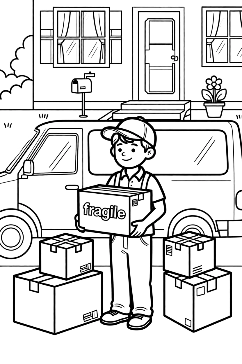 A moving van driver carries boxes labeled "fragile" into a new house.