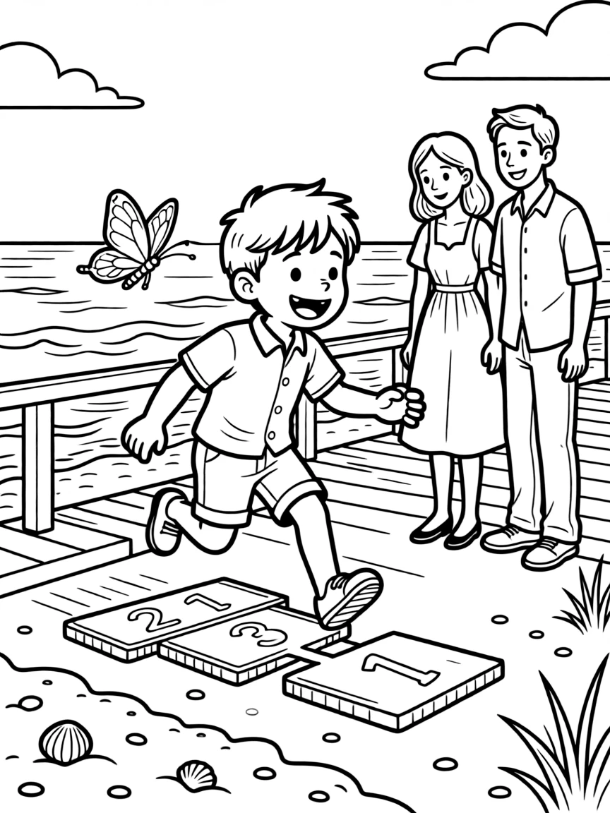 A boy with a missing front tooth playing hopscotch with a foster family on a seaside boardwalk while a butterfly visits nearby.