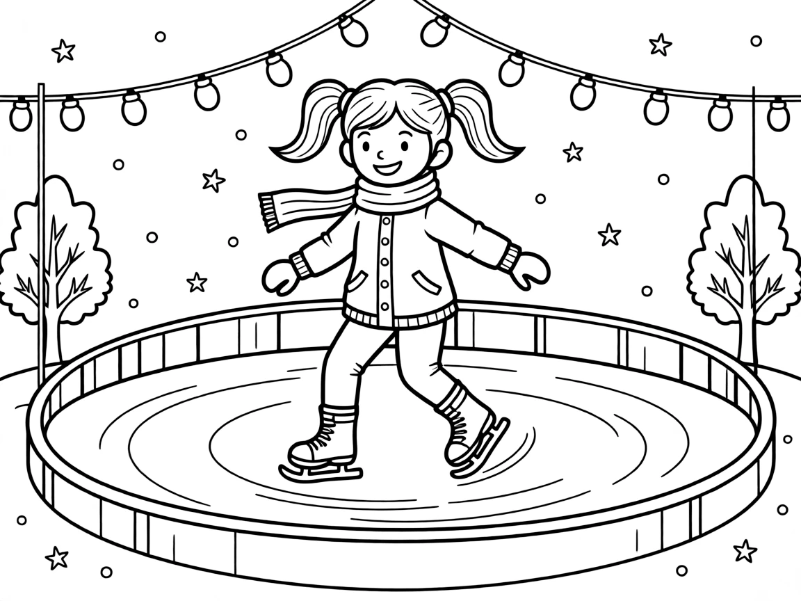 A determined girl with pigtails, spinning in a circle on ice skates at an outdoor rink strung with lights.