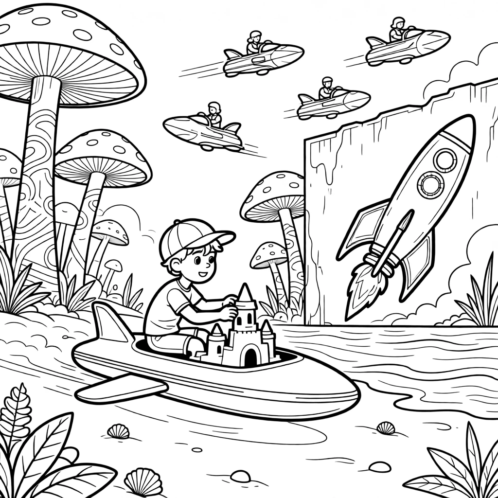Pilot Circuit zooming along on a sky-skiff building a sandcastle shaped like a spaceship on a red planet beach, in a jungle of giant glowing mushrooms on a misty alien world, with a mural of a rocket ship painted on a nearby wall and a fleet of hover-scooters zipping past in the background nearby.
