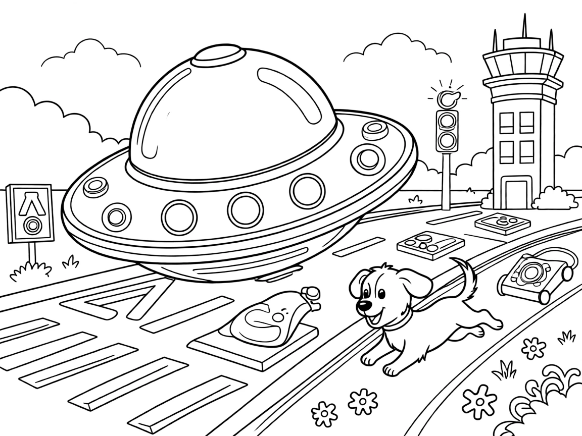 A coloring page featuring a friendly saucer-shaped alien spaceship with glowing lights, traveling through a busy airport runway with a control tower in the distance, with an excited puppy chasing along the road and a signal light blinking cheerfully and gears and control panels glowing softly filling the scene.