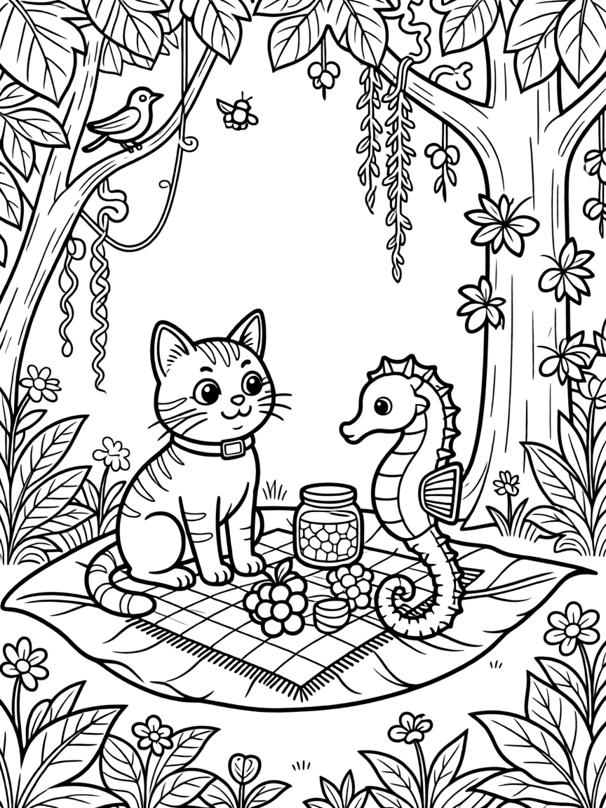 A barn cat sharing a picnic of berries and honey with a seahorse in a bustling jungle canopy, near a giant beanstalk.