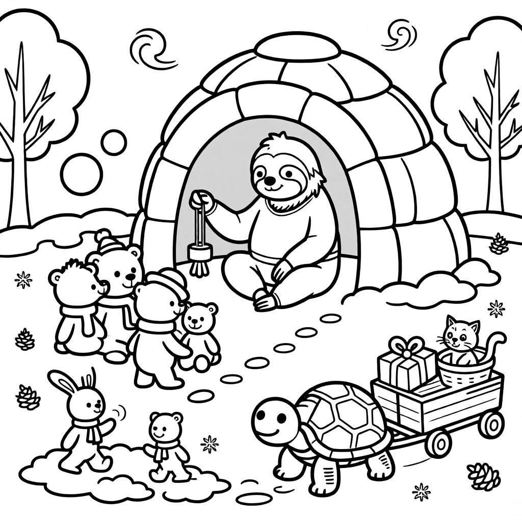 A chubby sloth yoga teacher is putting on a puppet show for stuffed animal friends at a snow fort during a gentle snowball fight, joined by a cart pulled by a very determined turtle and a curious kitten peeking out from a basket. A gentle breeze carries the sound of joyful laughter.