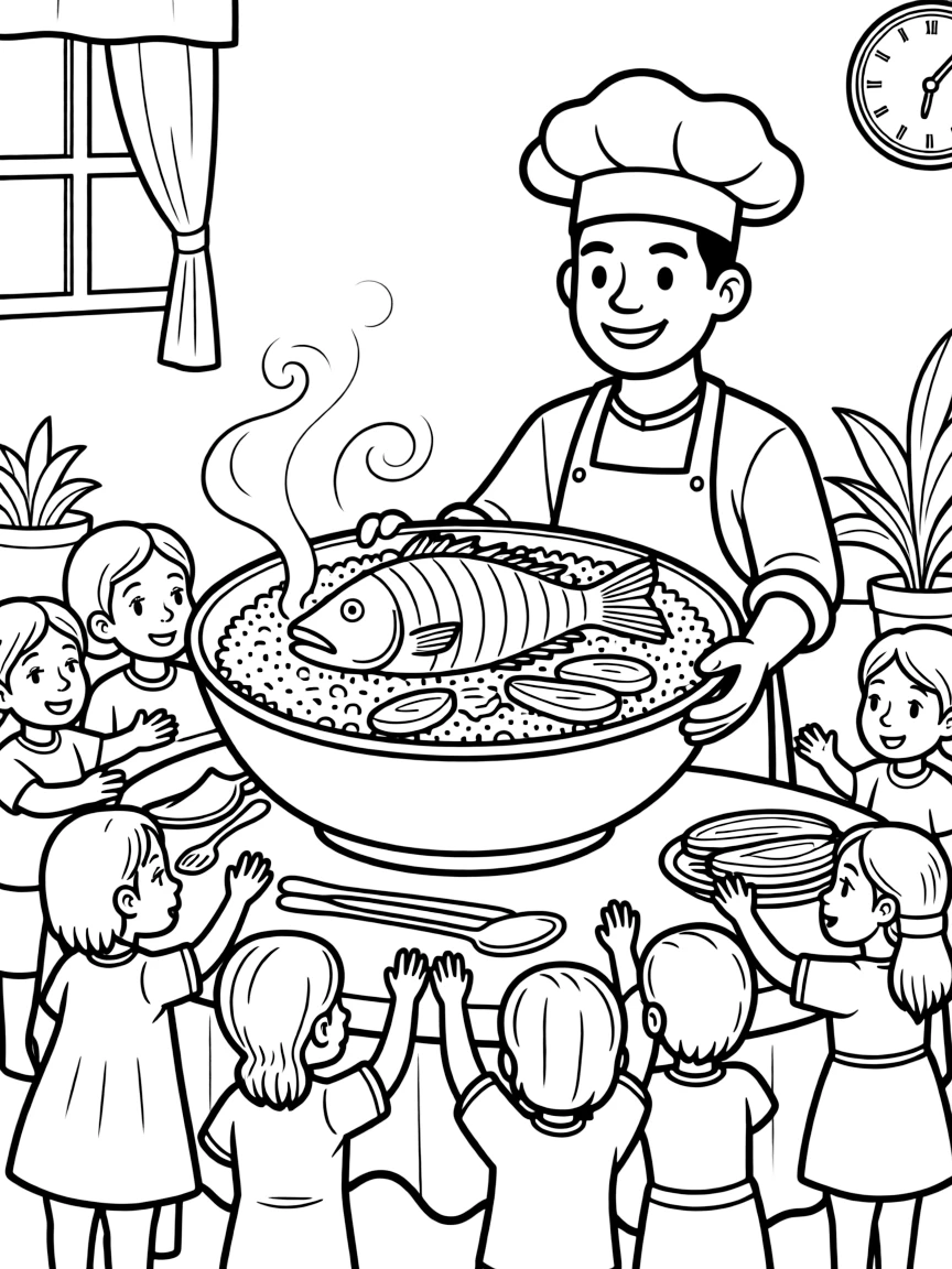 A coloring page of a happy cook in Ghana presenting a bowl of jollof rice with grilled fish and plantain, with steam rising and cheerful helpers gathered around the table.