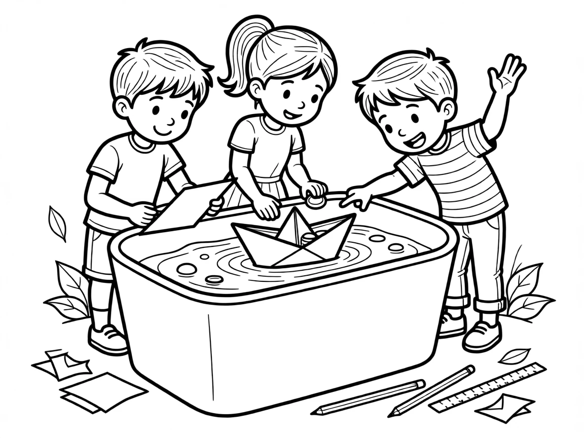a thoughtful group of three kids designs a paper boat and tests how much weight it can float in a tub.