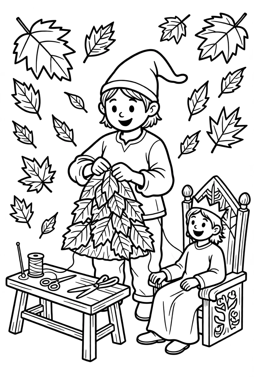 A gnome tailor sews a cloak from autumn leaves for the forest king's winter celebration.