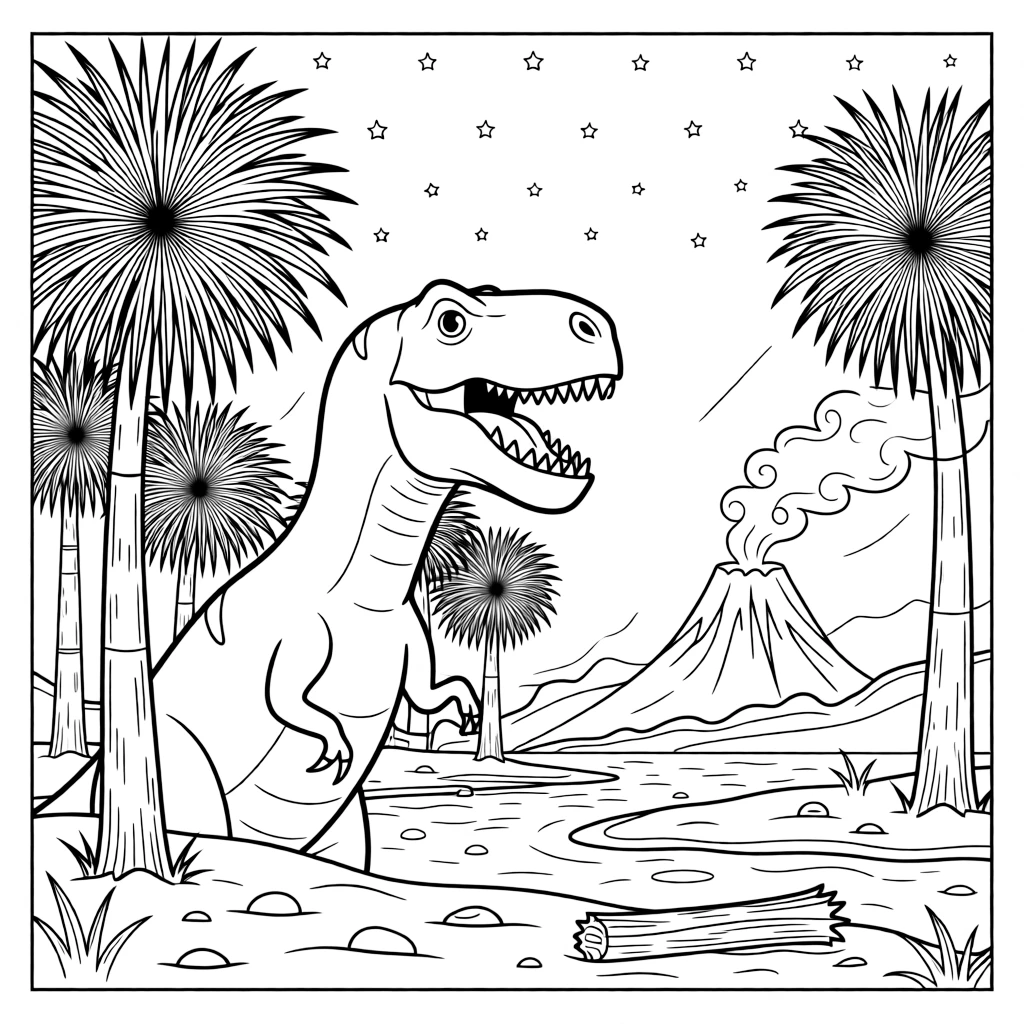 [Dinosaurs] a fierce-looking T-rex bursting out from behind tall cycad trees in a misty prehistoric swamp, smiling proudly. Nearby, volcanic smoke curls into the sky. Scattered rocks and fallen logs add texture to the ground. The scene is captured under a starry night sky, with a light breeze blowing, giving the page a lively and adventurous feel that invites plenty of colorful detail.