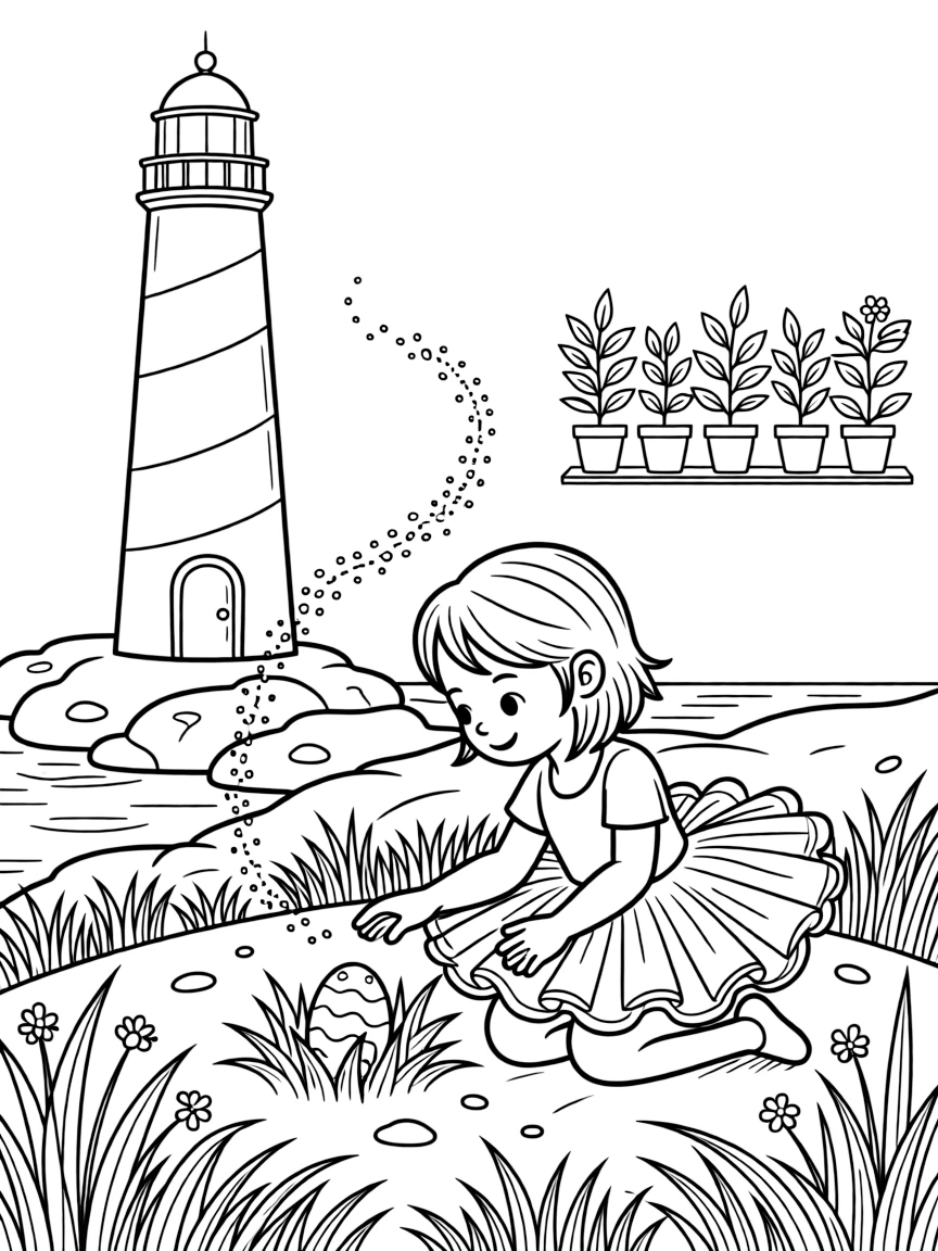 A girl in a twirly tutu is searching for hidden eggs tucked in the grass beside a lighthouse on a rocky coast. a trail of glittering fairy dust and a row of potted plants along a windowsill give the moment a cozy feel.