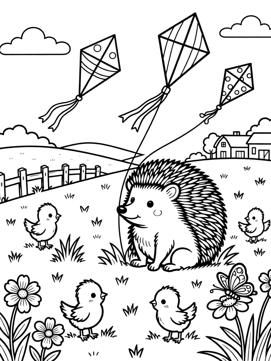 A plump little hedgehog sitting beside kites flying above a peaceful green hillside on a farm with newly hatched chicks in the grass, with a butterfly resting on a petal and a fuzzy baby chick scattered about.