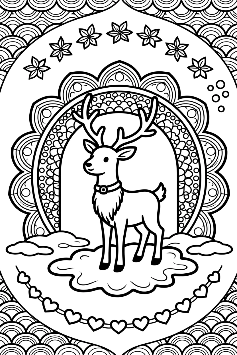 Arctic & Polar Animals: The page presents a small themed scene built around a reindeer with tall branching antlers, tied together by an arched dome mandala built from layered nested arches. The scene is positioned in the middle of a balanced layout, with smaller matching details arranged above and below. Decorative details fill the surrounding space, including tiny pinwheel stars, a chain of linked heart shapes, and overlapping fish-scale textures woven throughout the background. A playful extra touch completes the page: a cluster of small bubbles rising near one side of the page.