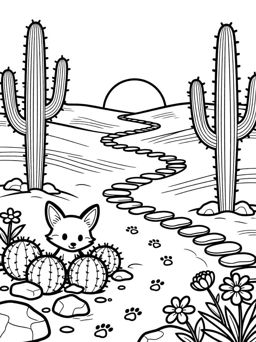 [Desert Dunes] A curious desert fox pokes its oversized ears out from behind a cluster of round cacti. Colorful desert flowers bloom between rocks near a trail of small paw prints. Tall saguaro cacti stand like sentries near a winding path of smooth, sun-baked stones. Warm golden light stretches long shadows across the rippling sand at sunrise.