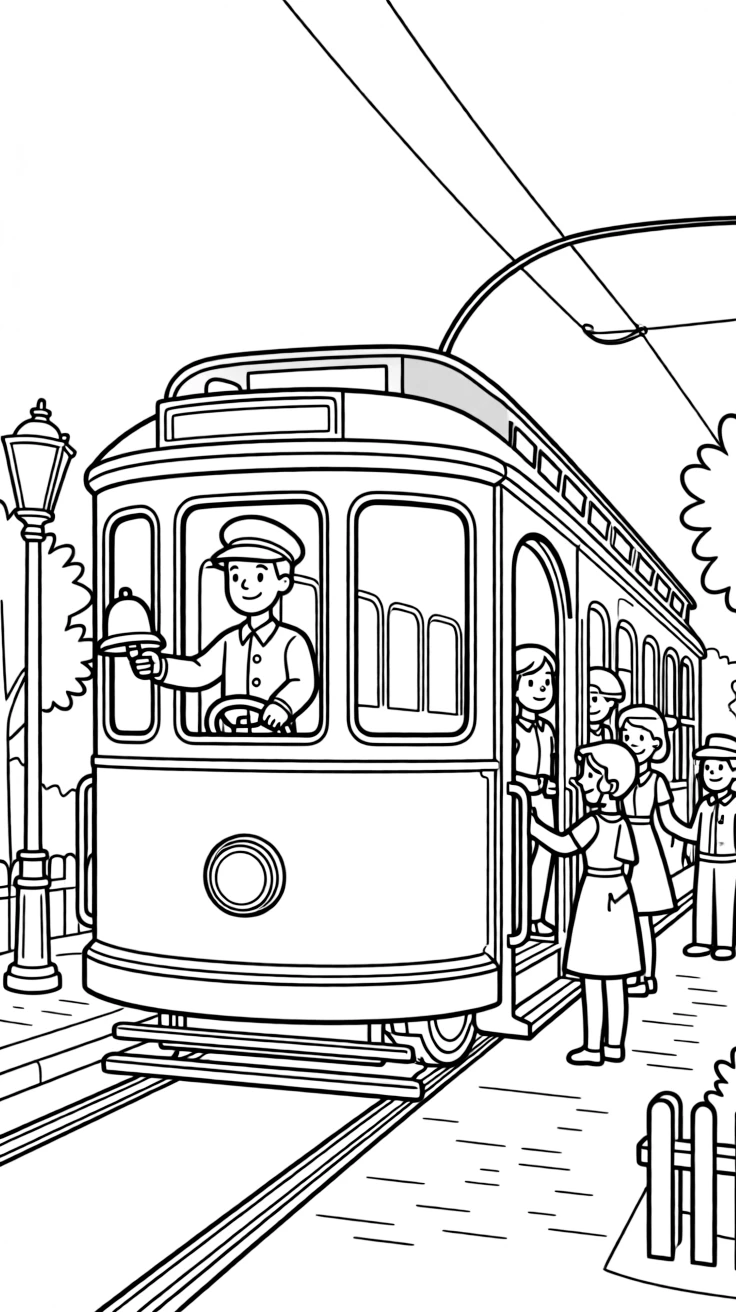 A trolley driver rings a bell as passengers hop aboard a vintage streetcar.