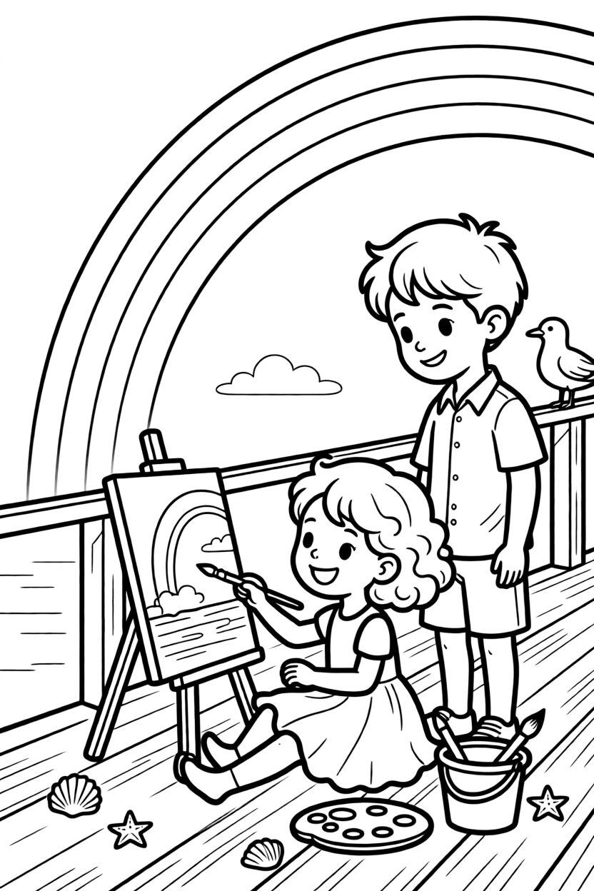 A curly-haired girl painting a picture with a big brother on a seaside boardwalk with a rainbow arching overhead.