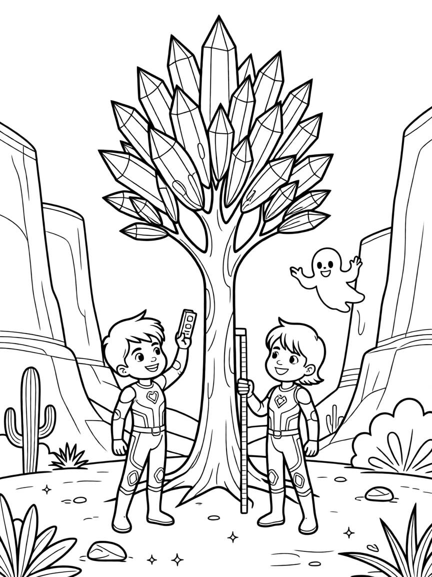 In a red desert planet with towering rock canyons, twin superhero siblings Miko (sound-blasting) and Vega (ice-powered) measuring the height of a giant crystal tree for a science project, while a friendly ghost-like hologram guide floating alongside adds to the excitement.