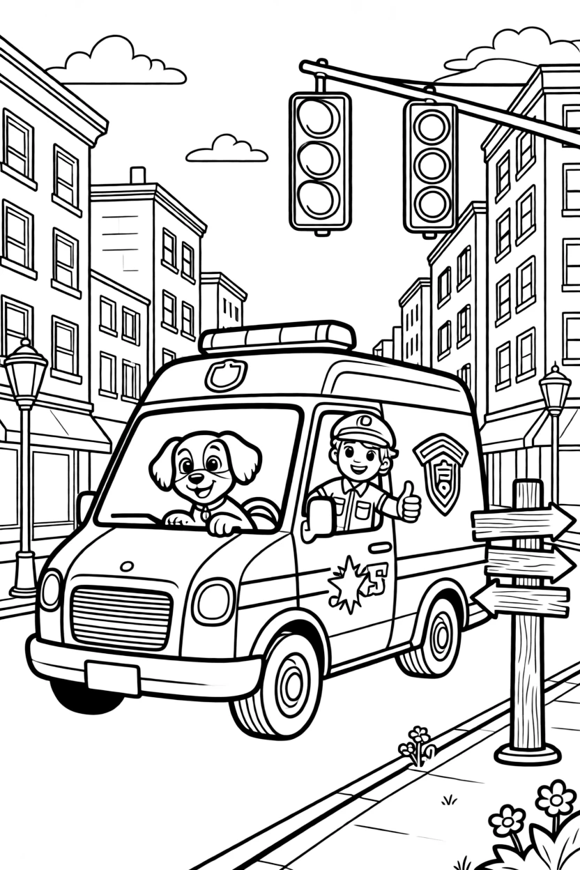 A big, friendly a K9 police van with a little dog peeking out the window rolls through a bustling city street lined with tall buildings and traffic lights, with a smiling paramedic giving a thumbs up enjoying the ride and an old wooden signpost pointing to faraway towns adding a playful touch.