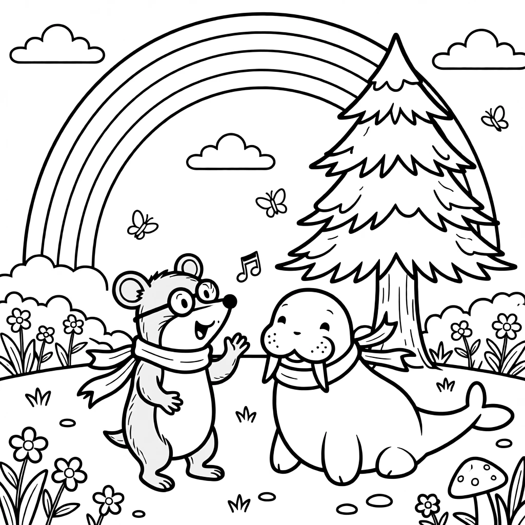 A mole in an enchanted forest clearing, singing a cheerful tune with a walrus, next to a snow-covered pine tree, while a rainbow arches overhead.