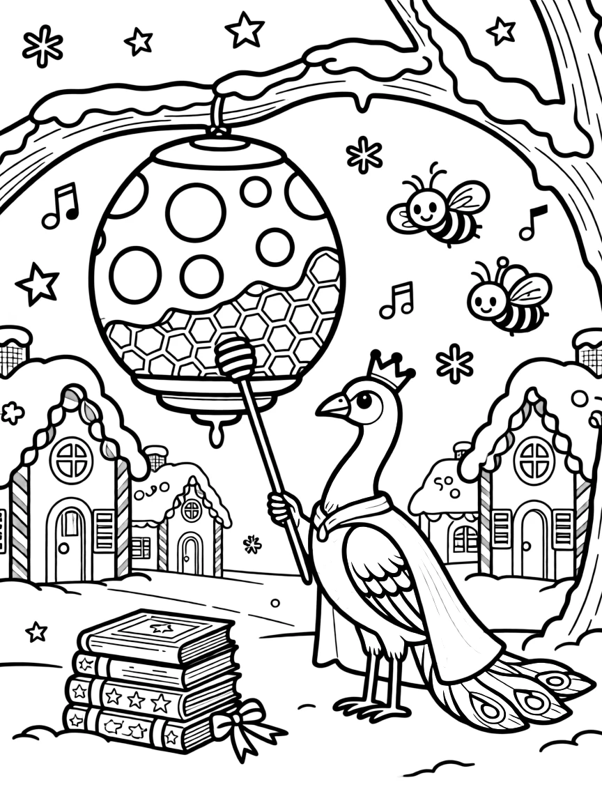 A curious peacock royal herald takes a break from adventures to try harvesting honey from a giant polka-dot beehive in a snow-covered village lined with gingerbread houses, with a stack of picture books tied with ribbon close behind. Little cheers of excitement fill the air.