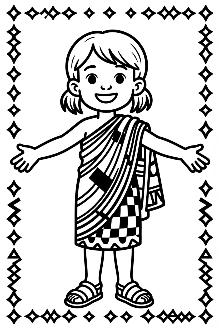 A coloring page portrait celebrating Ghana, showing a child wearing a bright kente cloth wrapped like a toga, standing proudly with arms outstretched and a warm smile, surrounded by simple decorative patterns.