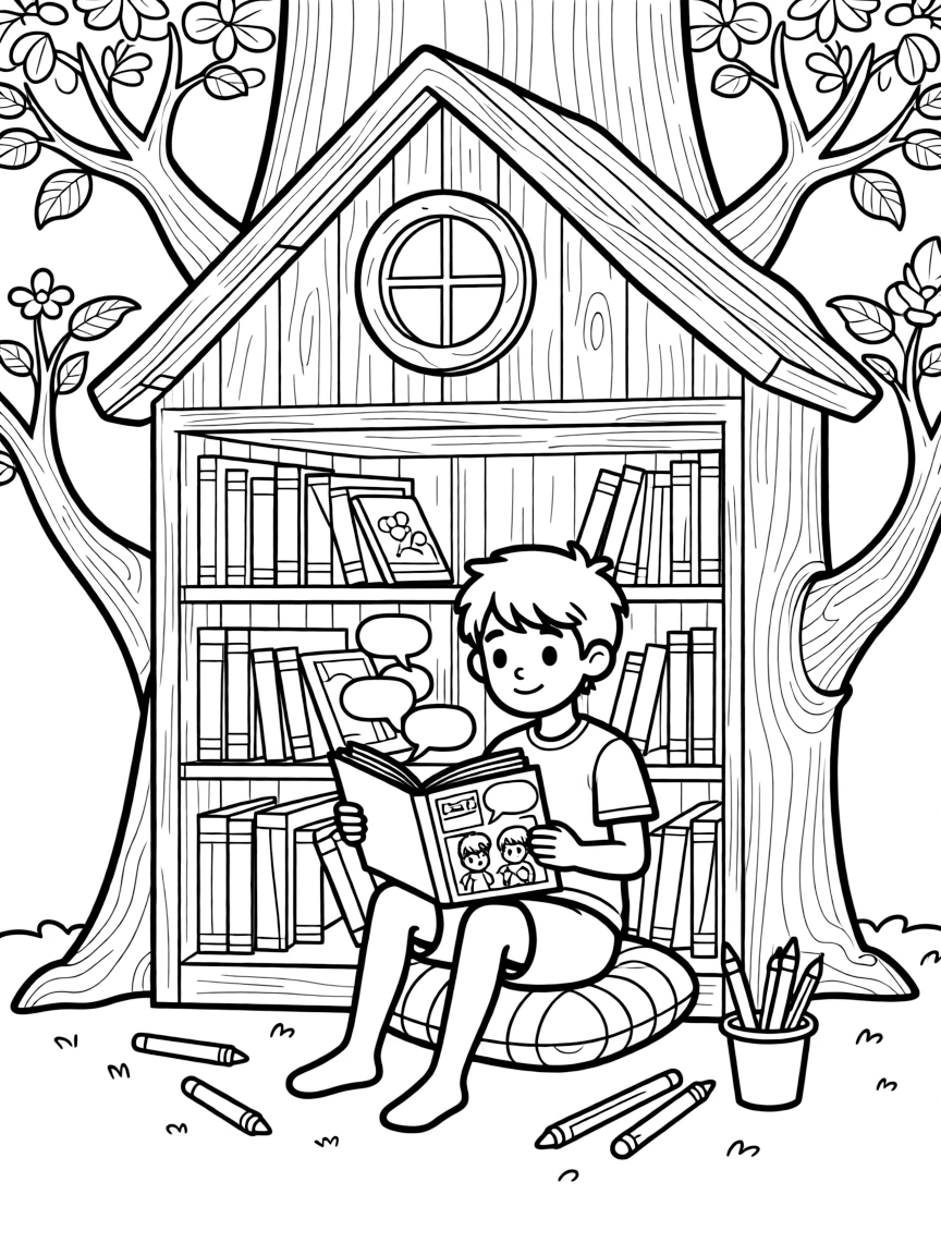 an adventurous young boy sits in a treehouse library and reads a comic book with speech bubbles floating above cartoon characters.