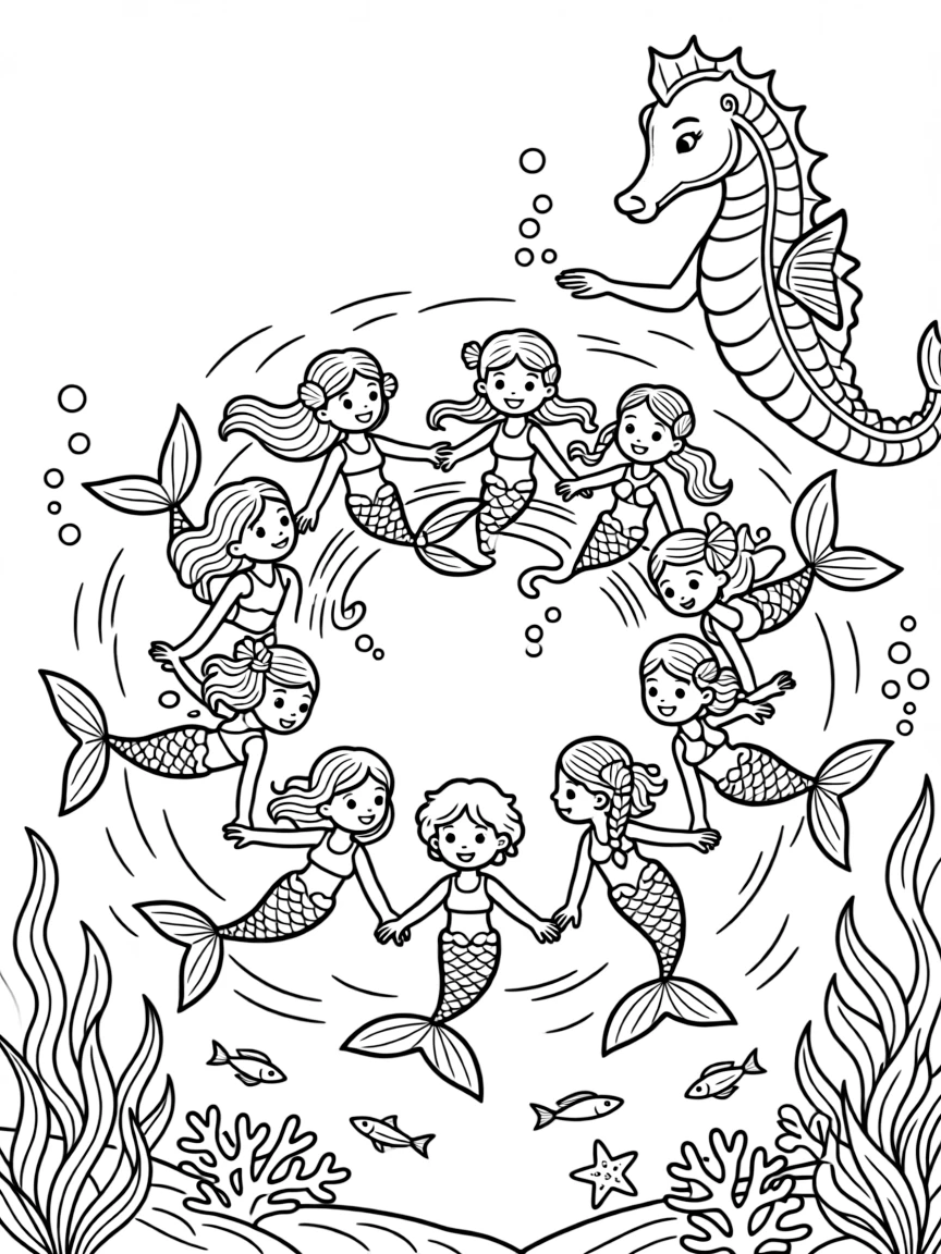 A merfolk school of young students practices synchronized swimming in perfect circles, guided by their seahorse teacher.