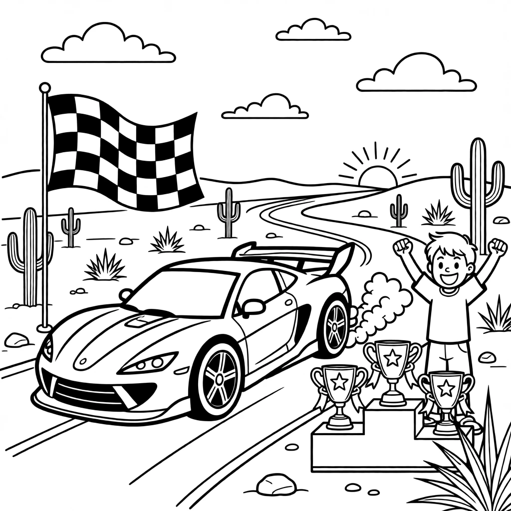 [Race Cars] a turbocharged sports car zooming past a checkered flag through a desert rally course, cheering with both fists raised, while trophies gleam on a podium nearby fills the surrounding area. Exhaust pipes puff small clouds of smoke. Set at sunrise, with fluffy clouds drifting overhead, the page bursts with adventure and imagination.