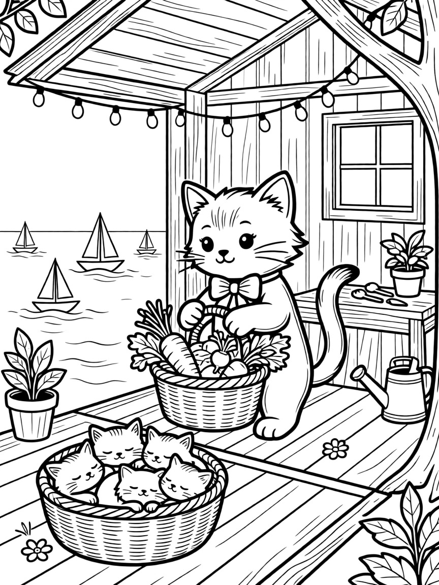 A playful kitten with a bow around its neck is harvesting fresh vegetables into a garden basket inside a cozy treehouse strung with fairy lights. All around, little sailboats bobbing on the horizon and a basket of sleepy kittens curled together complete the joyful scene.