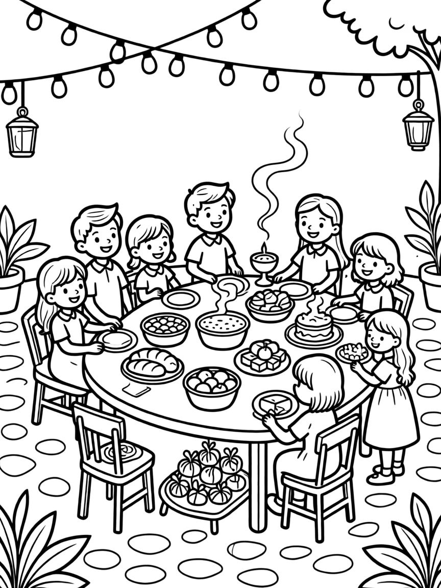 A courtyard glowing with strings of lights at a family gathering around a table full of special dishes, with a tray of sweets wrapped in colorful paper and incense curling into the air nearby.