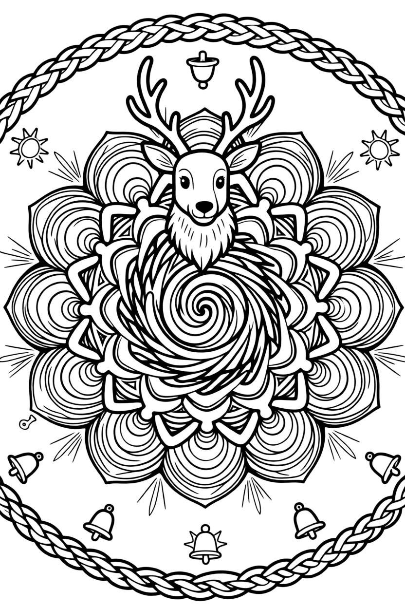 Arctic & Polar Animals: The design turns a reindeer with tall branching antlers into a kaleidoscope-style composition anchored by a shell-spiral mandala coiling outward in smooth turns. The imagery is multiplied into a circular burst of matching pieces that rotate evenly around the page's center point. Decorative details fill the surrounding space, including bands of braided rope shapes, rays fanning out like a small sunburst, and clusters of tiny bells woven throughout the background. A playful extra touch completes the page: a small key shape tucked discreetly among the pattern details.