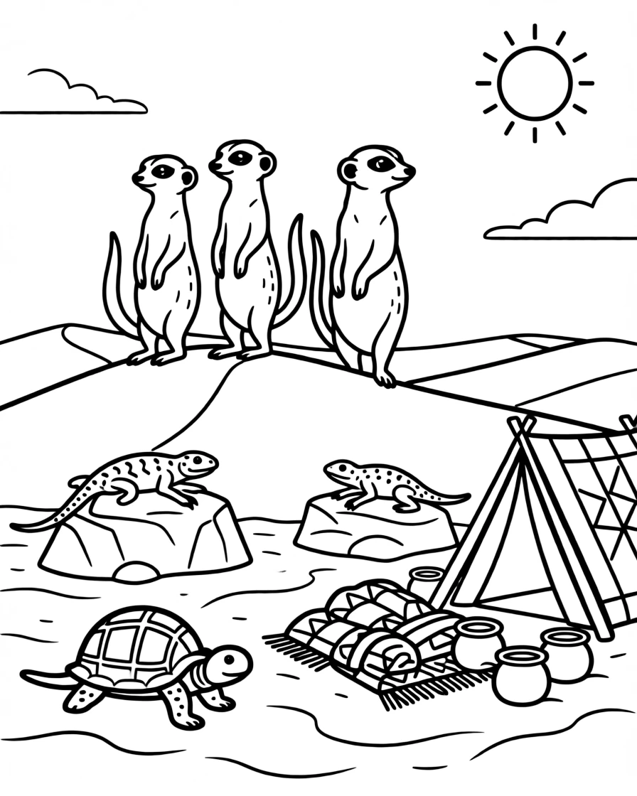 [Desert Dunes] A family of meerkats stands alert atop a sandy dune, watching the horizon together. Lizards bask on sun-warmed rocks while a tortoise slowly makes its way across the sand. A cluster of colorful woven blankets and clay pots sits near a small desert campsite. Bright midday sun beats down on the dunes beneath a nearly cloudless sky.